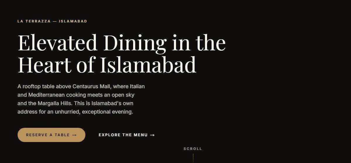 La Terrazza website homepage: 'Elevated Dining in the Heart of Islamabad' with a Reserve a Table button